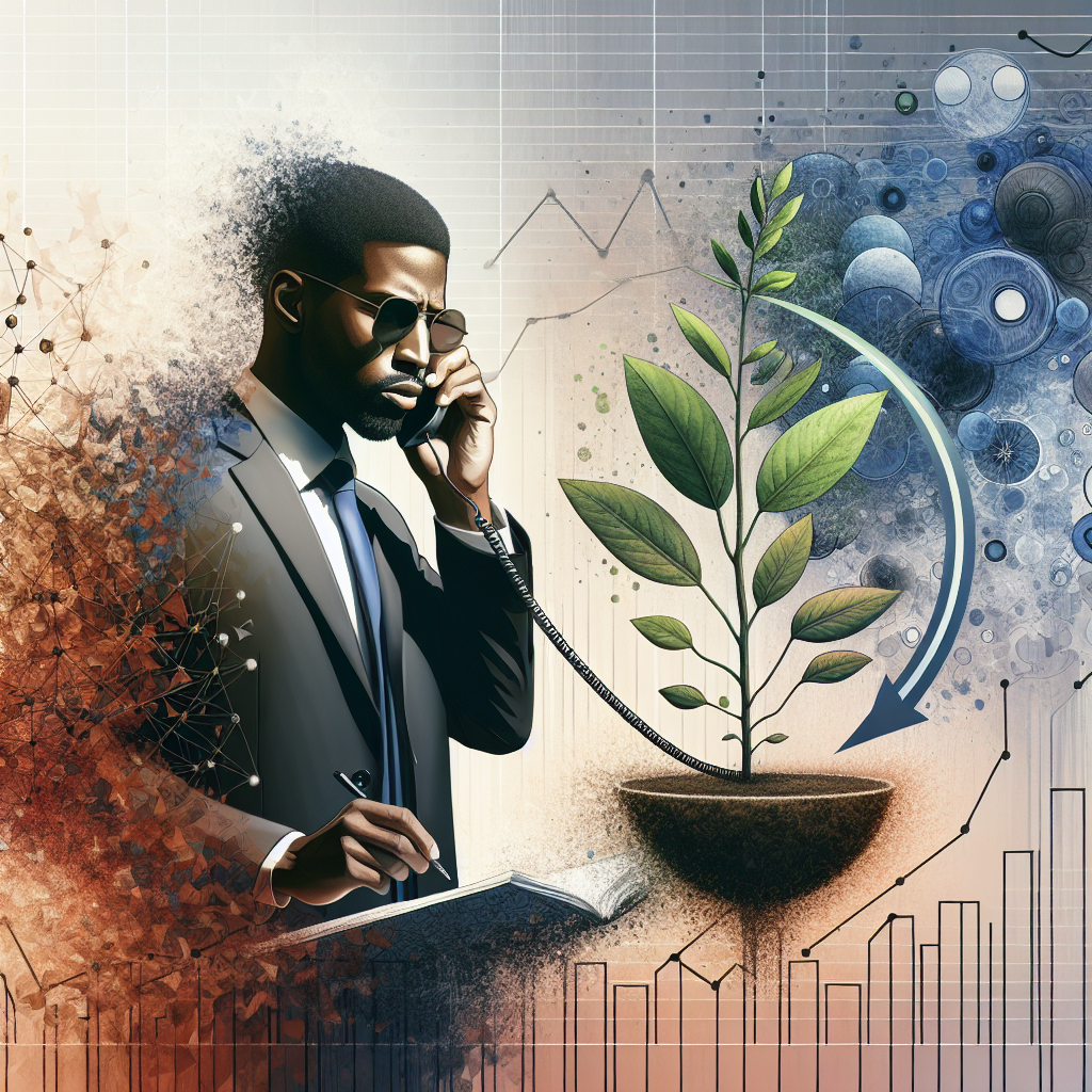 Generate an image of a person on the phone, facing challenges during a cold call. The background fades into abstract representations of rejection and persistence, with imagery of a growing plant symbolizing learning and growth from the experience. The scene is dynamic and motivational.