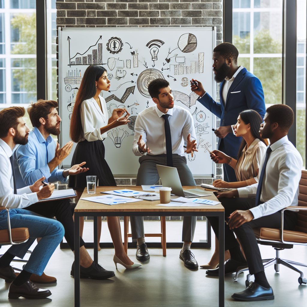 Generate an image showing a team of salespeople in an office, engaged in a strategy meeting. The whiteboard is filled with graphs, strategies, and success stories. They're animatedly discussing, with gestures and enthusiasm, emphasizing teamwork and evolving cold calling tactics.