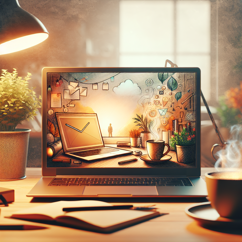 Generate an image of a personalized email being crafted on a laptop in a cozy home office. The scene includes a cup of coffee, a small plant, and a soft desk lamp, conveying warmth and attention to detail. The background is slightly blurred to focus on the laptop screen.