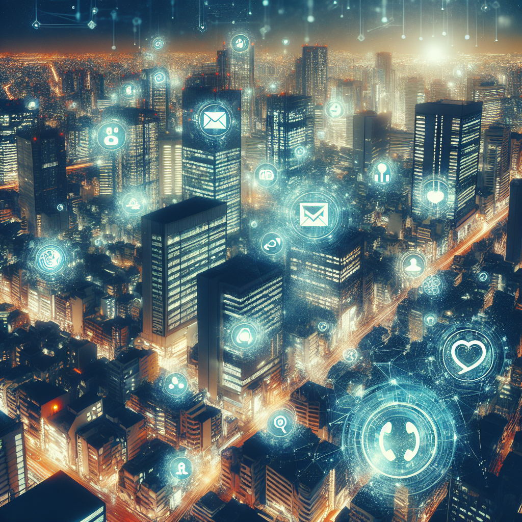Generate an image of a vibrant cityscape with various channels of communication symbolized by floating icons like email, social media, and phone calls. The city is bustling with diverse business activities, showcasing the dynamic approach to choosing the right channel in cold acquisition.