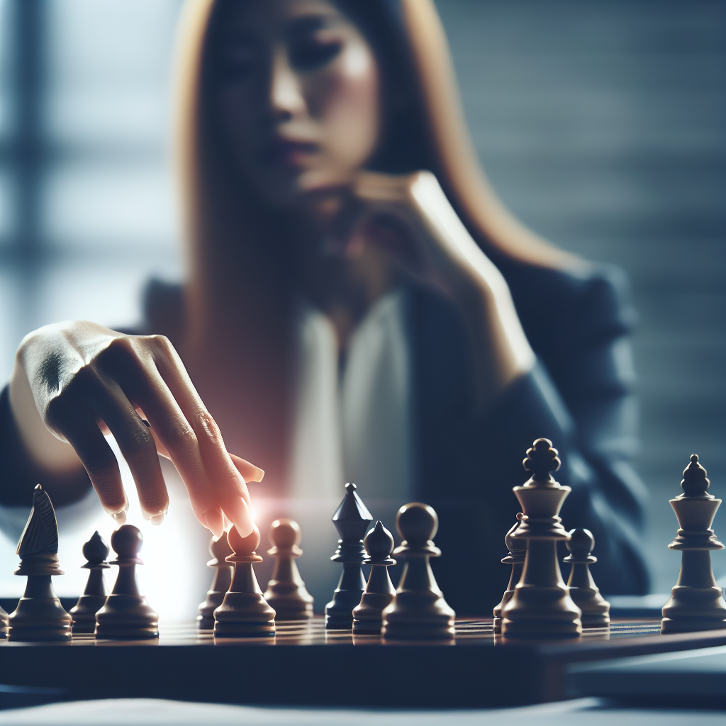 Generate an image of a thoughtful follow-up strategy, represented by a series of chess pieces on a board. The hand of a business professional moves a piece carefully, symbolizing strategic planning in sales. The background is an elegant, dimly lit office, enhancing the mood of contemplation and precision.