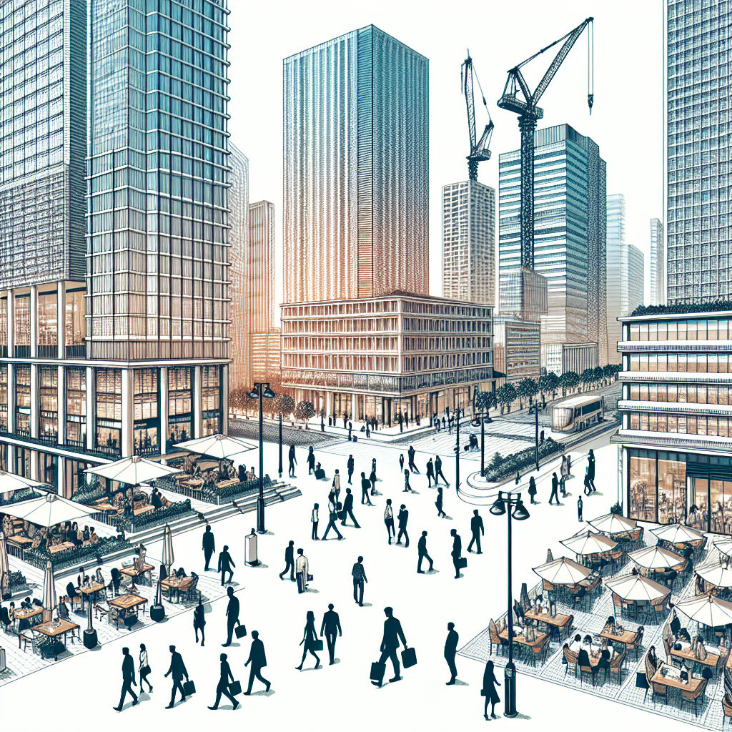 Generate an image of a dynamic cityscape with various business activities happening simultaneously, showcasing the flexibility and adaptability of expert appointment planners in facilitating business growth.