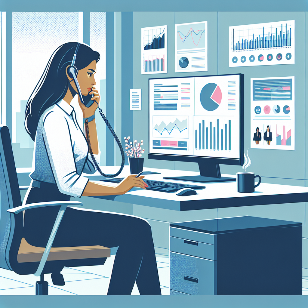 Generate an image depicting a business professional in an office setting intensely preparing for a cold call, with charts and sales strategies displayed on a screen, and a coffee cup on the desk, showcasing a modern and organized workspace.
