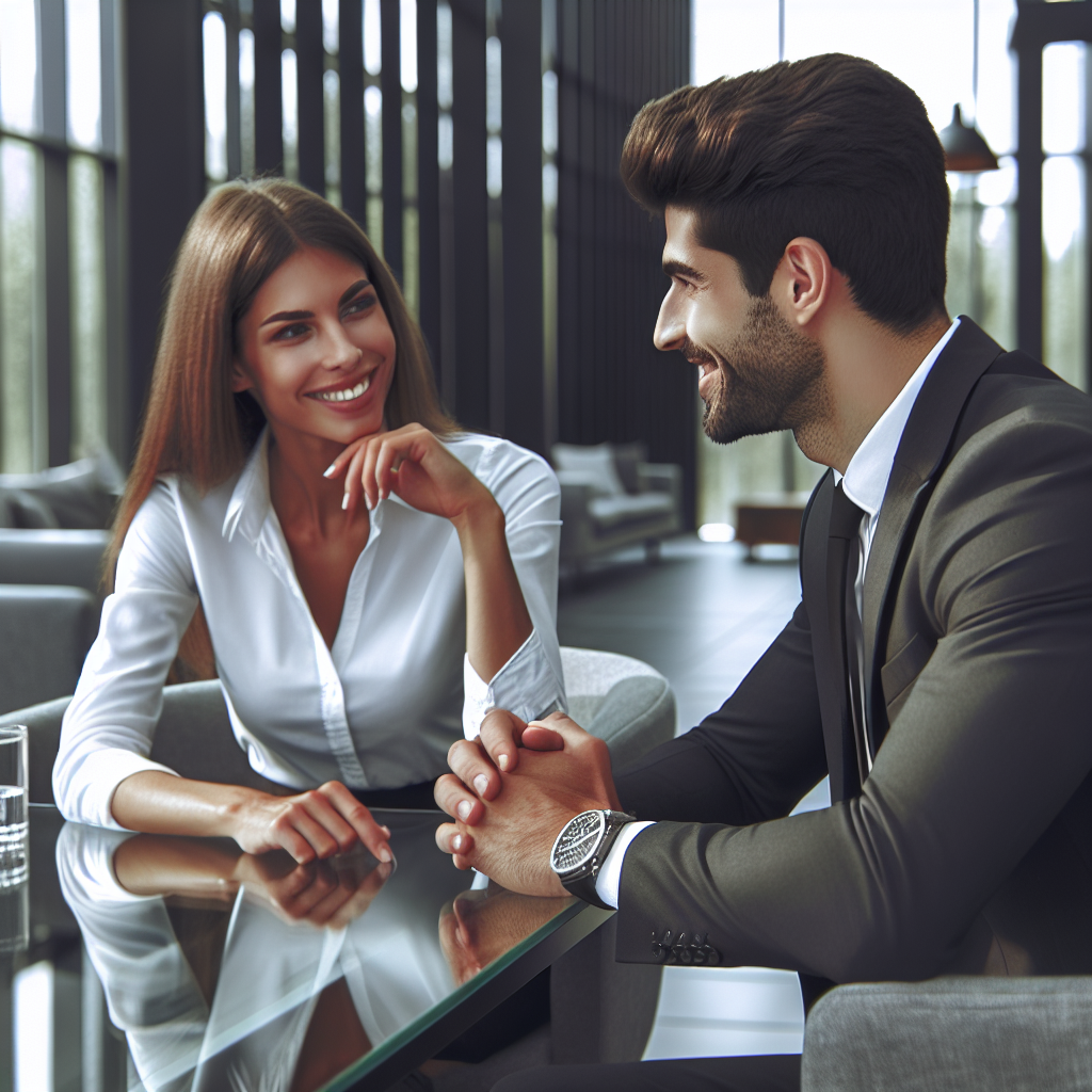 Generate an image of two professionals engaging in a warm, personalized conversation during a business meeting, highlighting their positive body language and attentive interaction in a sleek, contemporary office.