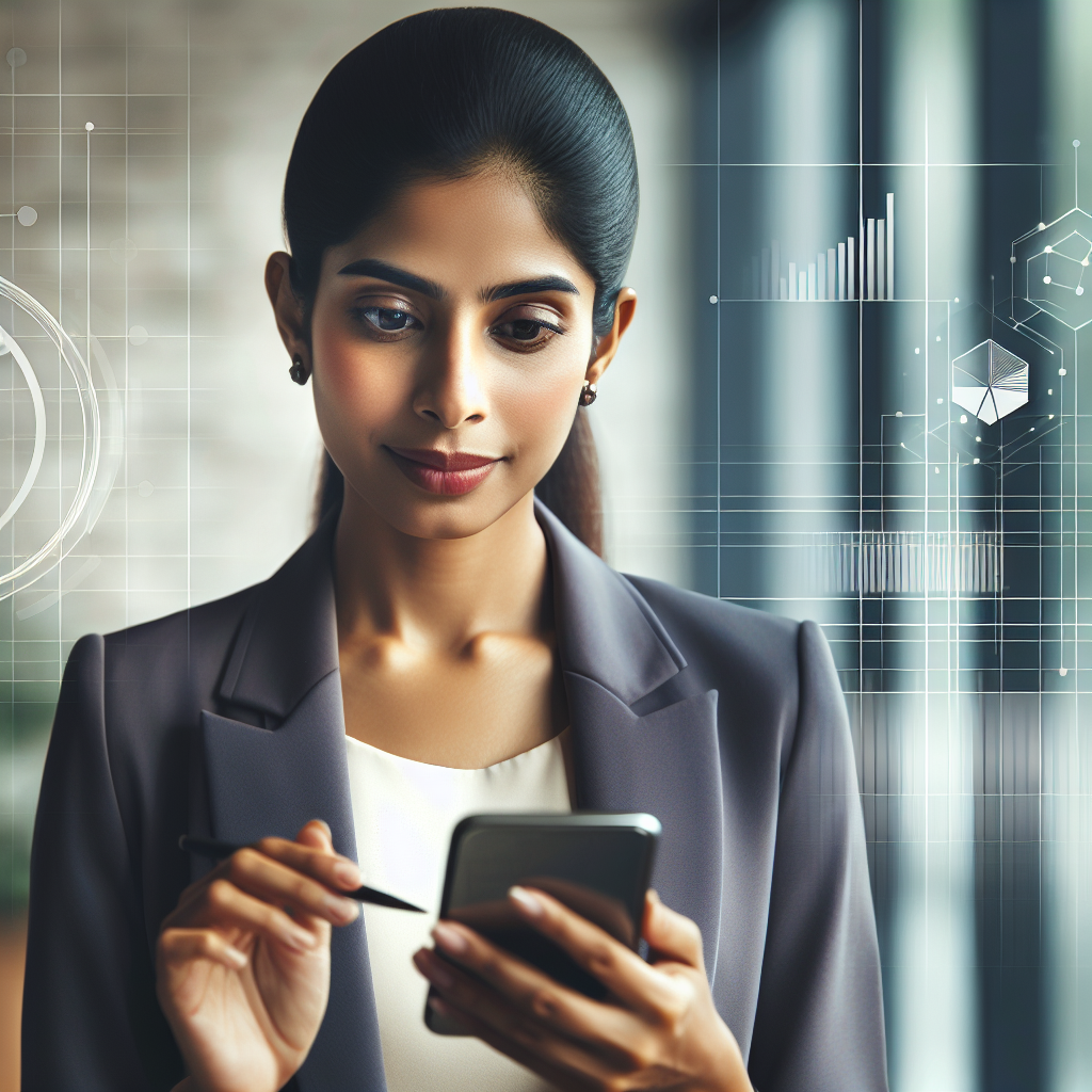 Generate an image capturing a businesswoman skillfully listening to a client over the phone, with visual elements of graphs and progress bars subtly integrated into the background, demonstrating focus and understanding.