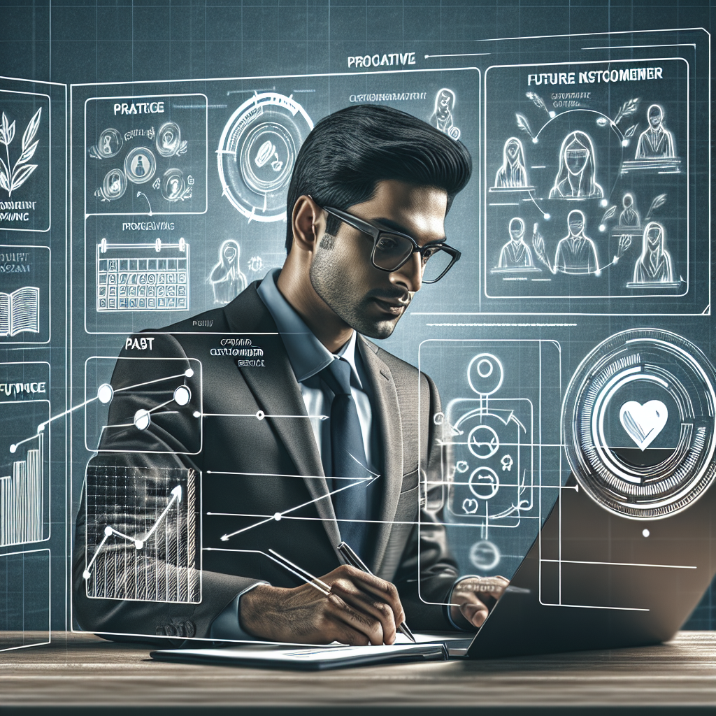 Generate an image of a dynamic follow-up scene with a business professional sending personalized emails from a laptop, accompanied by a visual timeline and calendar, symbolizing structured and proactive customer engagement.