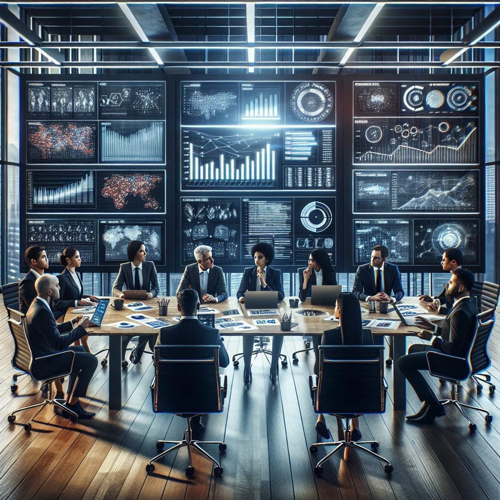 Generate an image depicting a business meeting setting where a team of acquisition professionals are discussing strategy with charts and graphs, symbolizing specialist expertise. The room is modern with digital screens displaying analytical data, and team members actively engaged in the discussion.