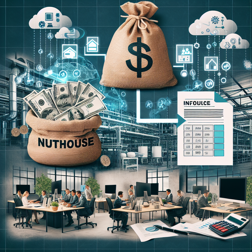 Generate an image illustrating a financial comparison between in-house costs and outsourcing acquisition. Use symbols like money bags, invoices, and calculators to show cost-saving benefits. The background is a collage of business environments, including offices, factories, and digital workspaces.