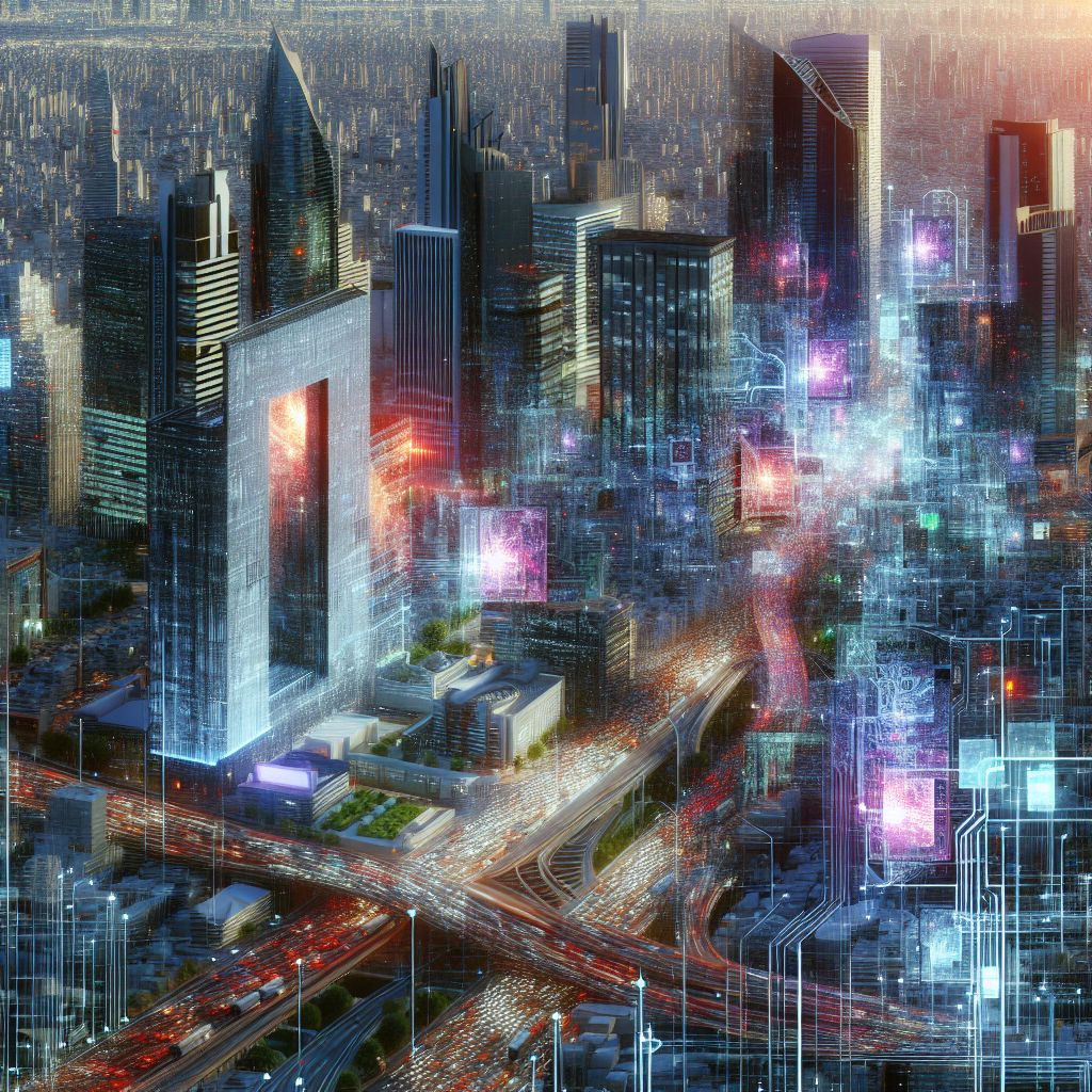 Generate an image of a bustling cityscape with various businesses interacting, symbolizing B2B sales. Highlight one company standing ahead with a futuristic design, representing a competitive edge gained through outsourced acquisition. Include elements like high-rise buildings, dynamic traffic, and digital billboards.