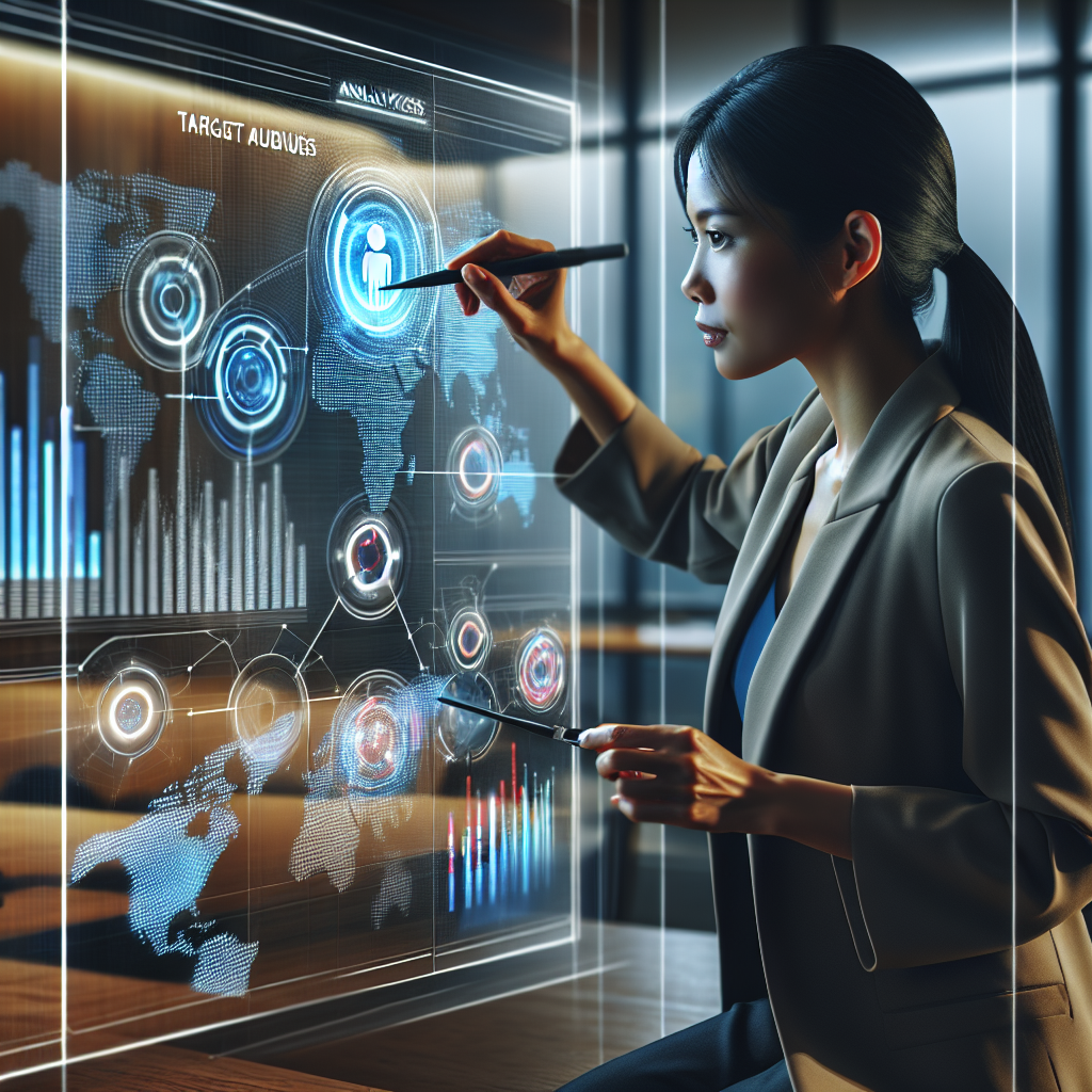 Generate an image of a business professional analyzing market data on a large digital screen, highlighting targeted audience segments with graphs and analytics. The setting should be a modern, high-tech office space with sleek furniture and ambient lighting, emphasizing the strategic aspects of identifying your target audience.