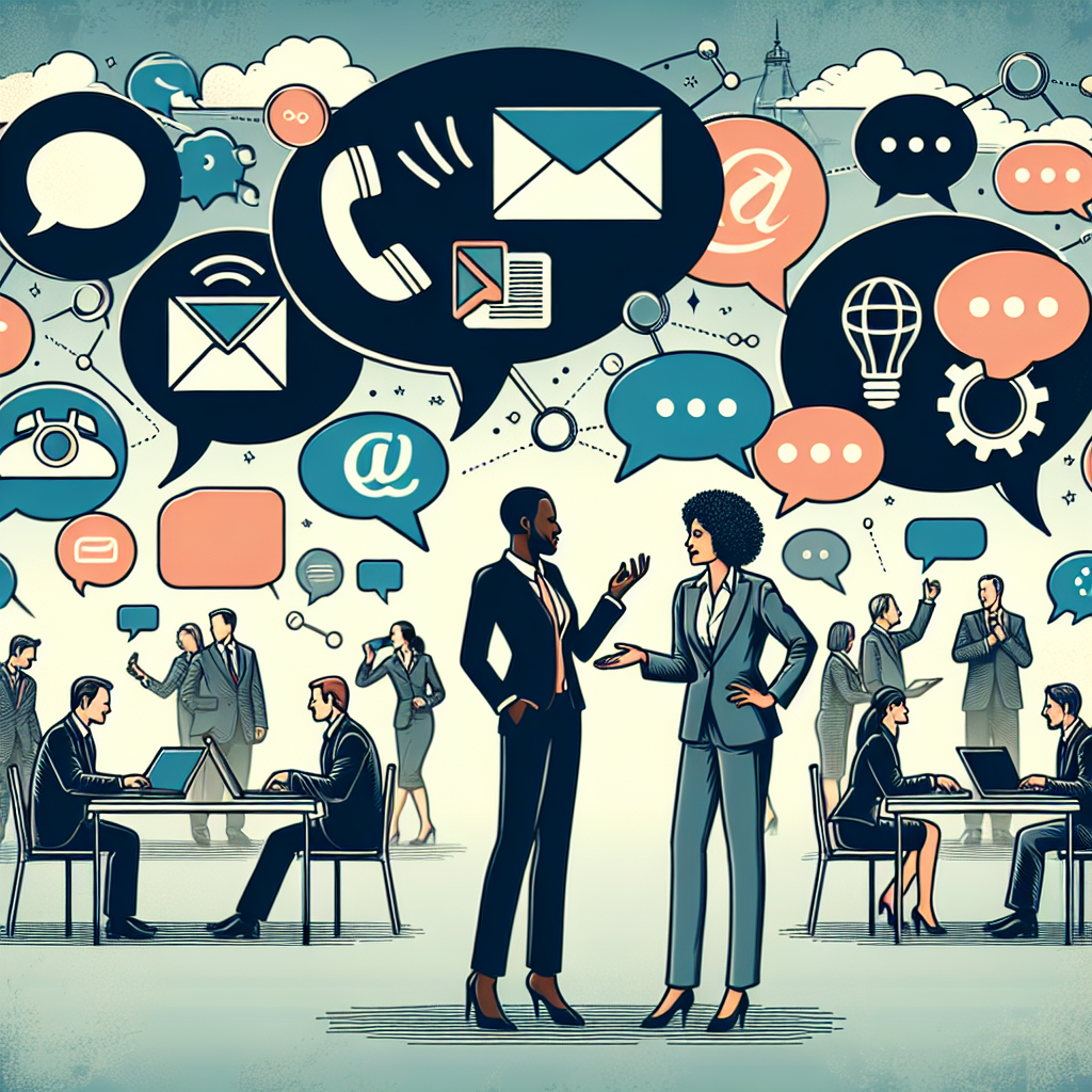 Generate an image of a dynamic conversation between two business professionals, showcasing effective communication methods. Use speech bubbles with icons representing various communication channels like phone, email, and chat, set in a bustling office environment. The image should convey collaboration and mutual understanding.