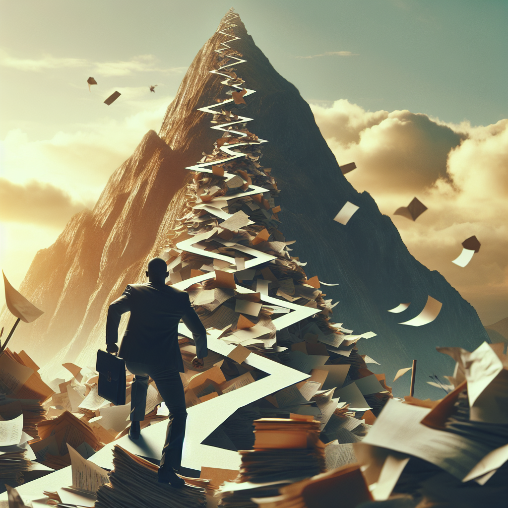 Generate an image depicting a metaphorical scenario of overcoming objections, where a businessperson is climbing a mountain made of paper sheets and documents symbolizing objections and challenges, with a clear pathway to a peak labeled