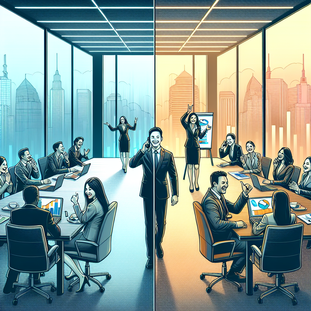 Generate an image of a transformation process where a cold call is being turned into a successful sales pitch. Visualize this with a split-screen effect: one side showing a cold, gray office, and the other a vibrant, warm meeting room where productive discussions are happening. Include visuals of happy business people and winning charts.