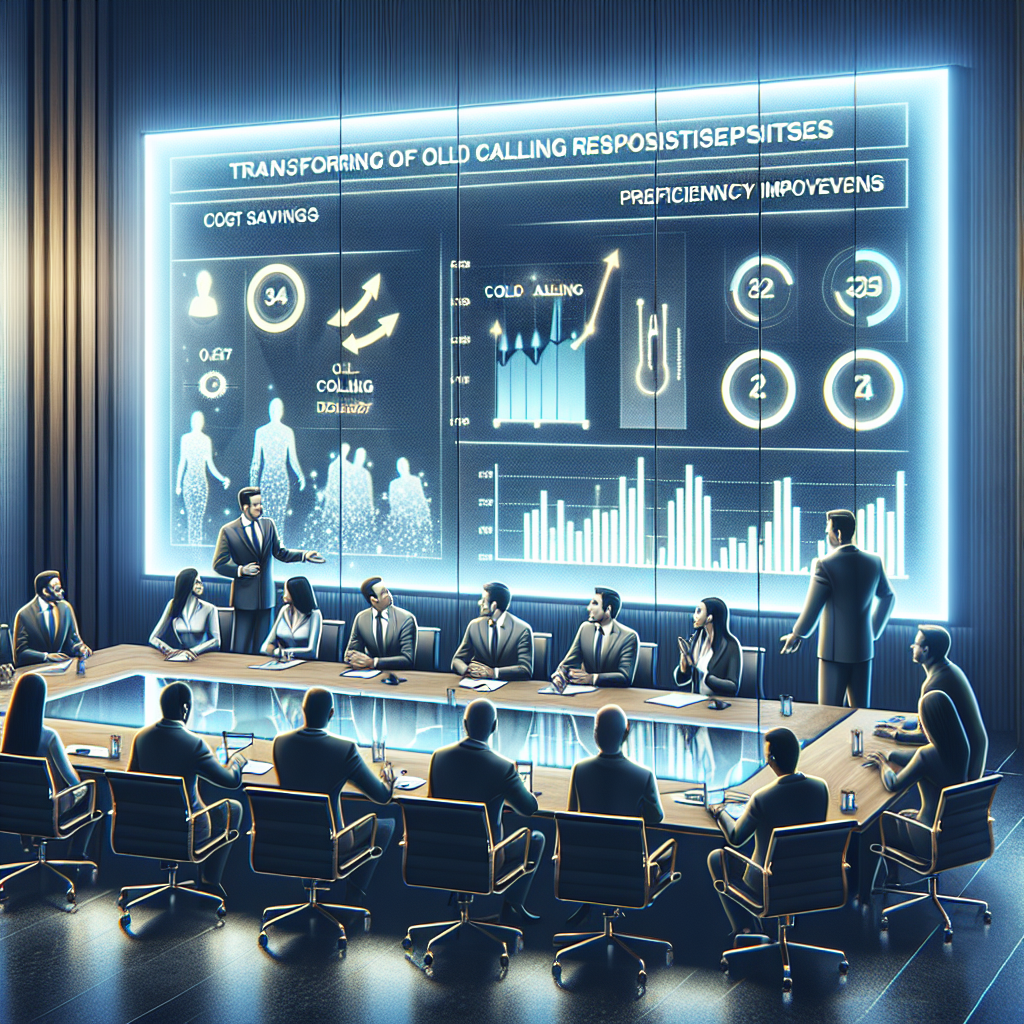 Generate an image of a business meeting where a team of specialists is discussing the strategy of outsourcing cold calling, using a digital board displaying statistics on cost savings and efficiency, with a focus on the expressions of surprise and satisfaction on the attendees' faces. The room is modern and well-lit, symbolizing innovation.
