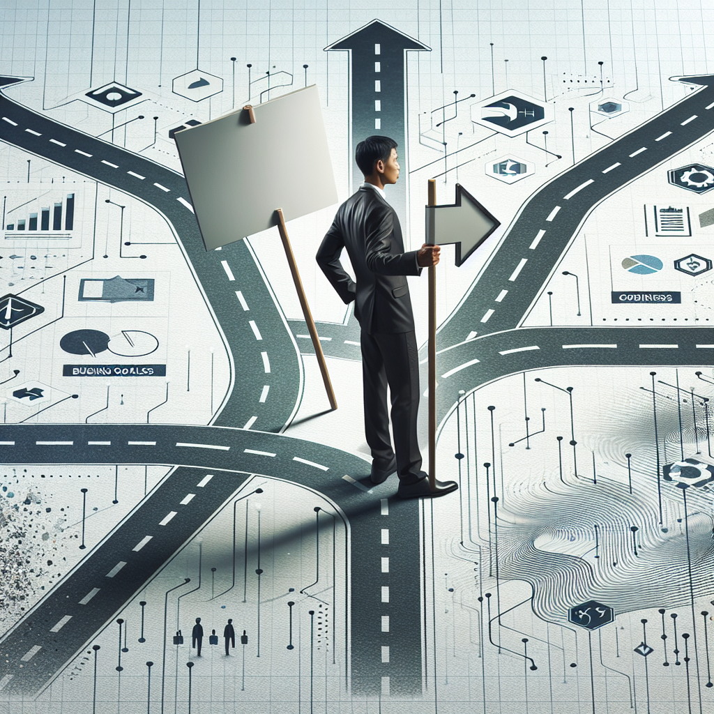Generate an image of a metaphorical representation of flexibility in business through a visual of a businessperson standing at a crossroads, holding a sign that says 'Outsource Cold Calling', with arrows pointing in different directions representing various business goals and core activities. The background has abstract elements showing technological waves.