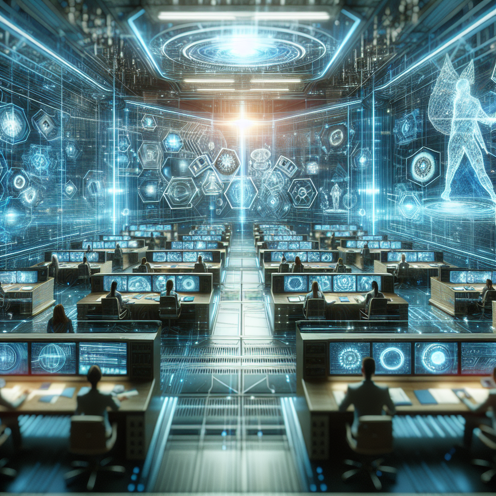 Generate an image showcasing the innovative technology used by specialists like De Afspraakplanners. Visualize a surreal control room filled with holographic displays and advanced communication devices, with experts analyzing data streams that emphasize efficiency and expertise in cold acquisition outsourcing.