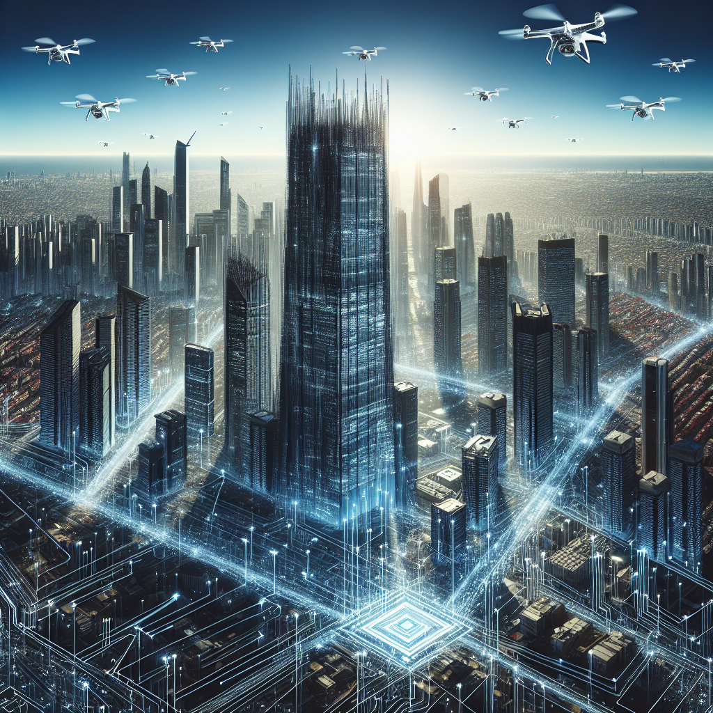 Generate an image of a futuristic city skyline with a focus on a tall building labeled 'De Afspraakplanners', symbolizing the strategic choice of outsourcing. The building is surrounded by drones and digital signals, representing innovative solutions and technological advancement in business operations.