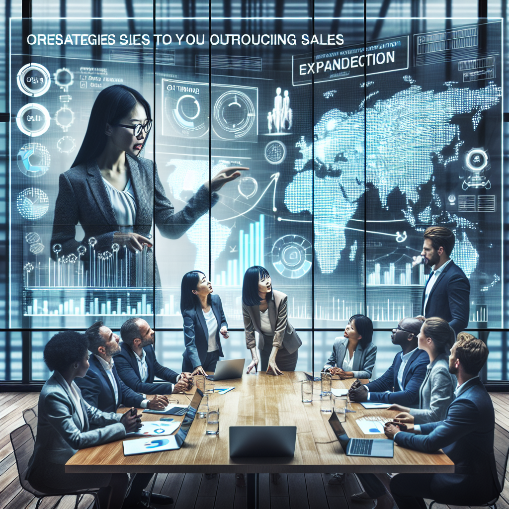 Generate an image of a dynamic business meeting in a modern boardroom, where a team of professionals is actively discussing sales outsourcing strategies. The image should capture the excitement and potential for growth, with visible graphs and data projections on a sleek digital screen, highlighting cost savings and scaling opportunities.