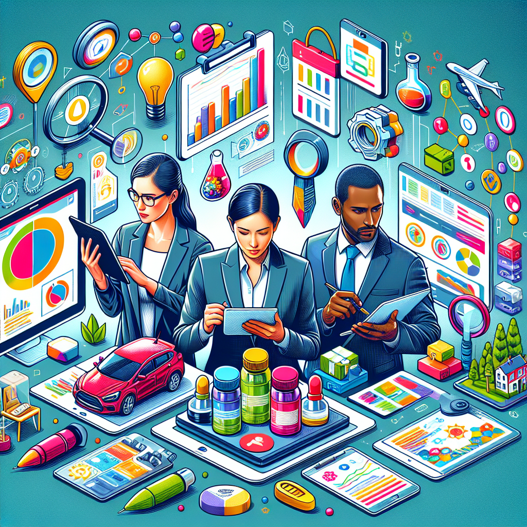 Generate an image of a diverse group of sales experts, each representing different industries, collaborating creatively. They are surrounded by elements symbolizing their expertise, such as digital tablets, charts, and marketing materials, in a vibrant and energetic workspace, illustrating the impact of utilizing specialized knowledge.