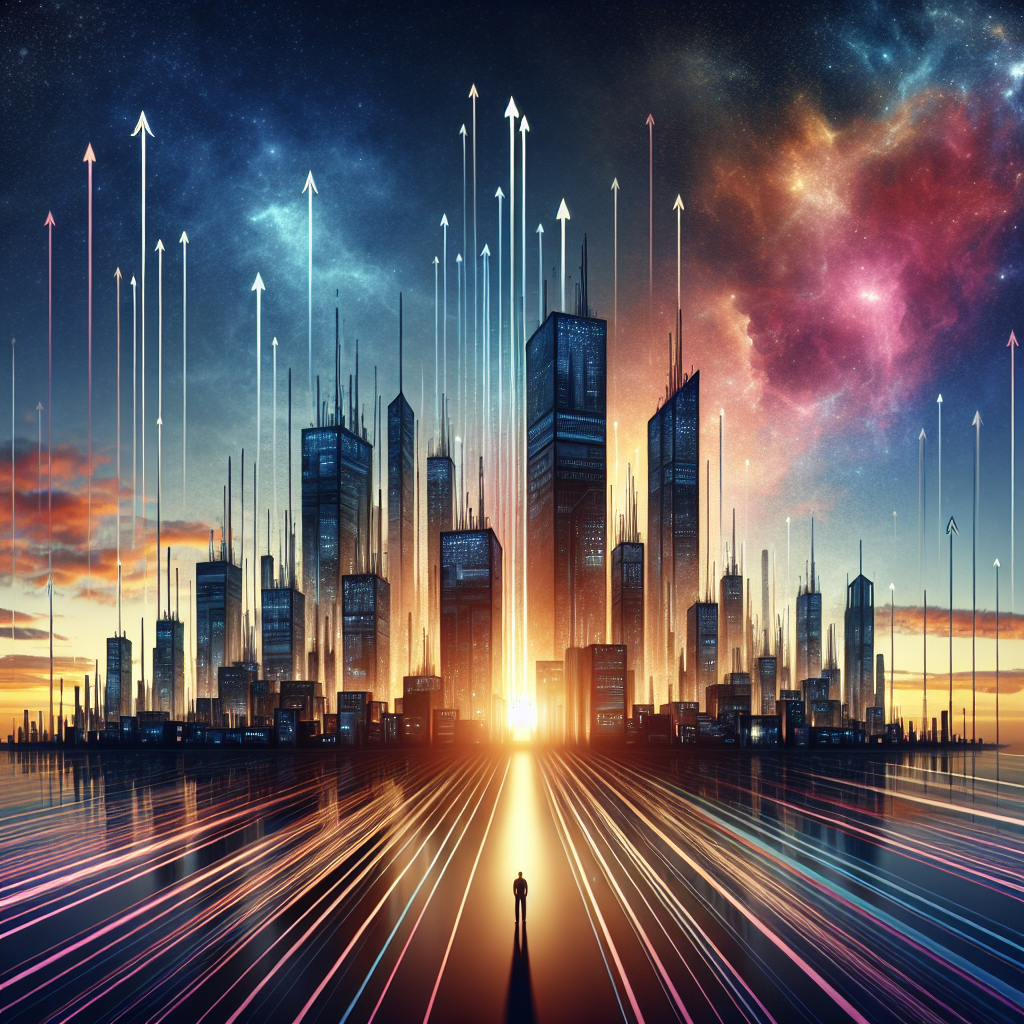 Generate an image of a futuristic city skyline at sunset, where multiple arrows and lines are drawn in the sky representing growth and expansion. At the base, a small business scales up into a skyscraper, emphasizing the rapid scaling benefits of outsourcing sales with a blend of innovation and strategy.