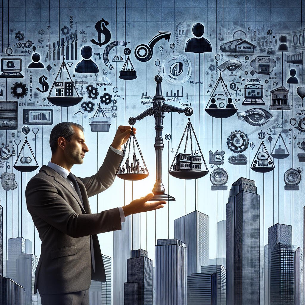 Generate an image of a decision-making process for choosing the perfect acquisition company. The scene shows a person carefully weighing scales, balancing experience, approach, flexibility, and pricing structure, set against a backdrop of competing companies symbolized by buildings with logos in a bustling corporate landscape.