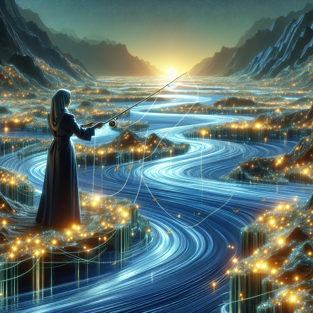 Generate an image of a flowing river made of glowing leads, with a businessperson skillfully fishing high-quality leads. The setting is serene yet innovative, symbolizing the improvement of lead quality through outsourcing in B2B.