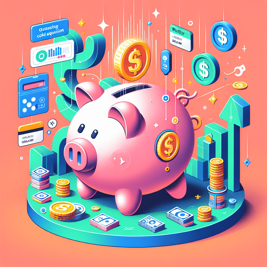 Generate an image illustrating a giant piggy bank with elements of digital and paper currency around it, showcasing cost savings achieved by outsourcing cold acquisition. The style is whimsical and colorful, emphasizing financial growth and stability.
