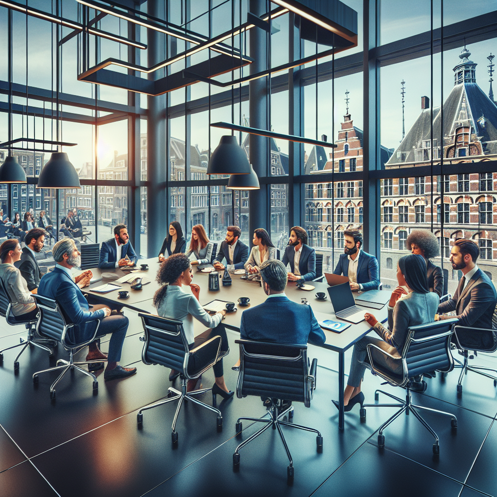 Generate an image of a business meeting in a sleek, modern office in the Netherlands, with diverse professionals actively discussing cold calling strategies. The scene should emphasize teamwork and collaboration against a backdrop featuring Dutch architecture visible through large windows.