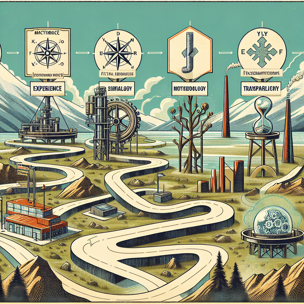 Generate an image of a conceptual illustration showing the journey of choosing the right acquisition company in the Netherlands. The visual should feature a winding path through a landscape of businesses, with symbolic road signs highlighting 'Experience,' 'Methodology,' 'Flexibility,' and 'Transparency' as key decision points.