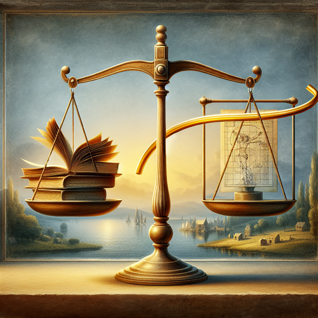 Generate an image of a scale balancing elements symbolizing experience, methodology, flexibility, and transparency. This symbolic representation should be styled like a classic painting, with intricate details and rich colors, reflecting the complexity of enhancing a sales strategy in a Dutch context.