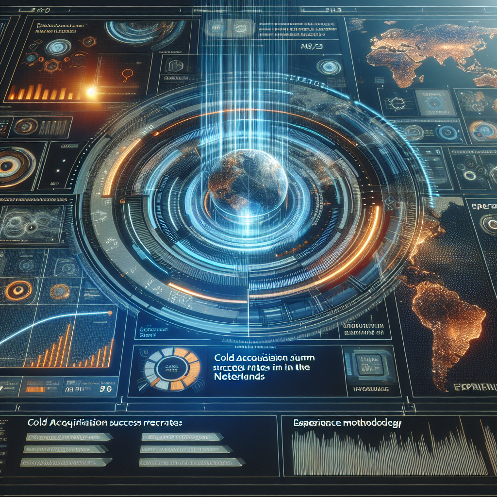 Generate an image of a futuristic, digital interface showing data analytics related to cold acquisition success rates in the Netherlands. The interface should be holographic, with interactive charts and graphs that highlight key factors like experience and methodology, all in a high-tech style.