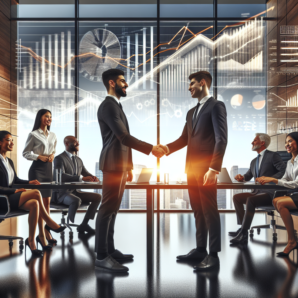 Generate an image of a business meeting room with a group of professionals shaking hands, symbolizing the partnership with an acquisition company. The setting should be modern with sleek furniture, and there should be graphs and charts in the background displaying business growth and efficiency gains.