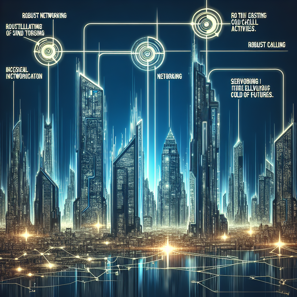 Generate an image of a futuristic cityscape representing business growth and scalability. Various skyscrapers symbolizing successful companies should be interconnected with glowing lines to illustrate networking and efficient outsourcing of cold calling activities.