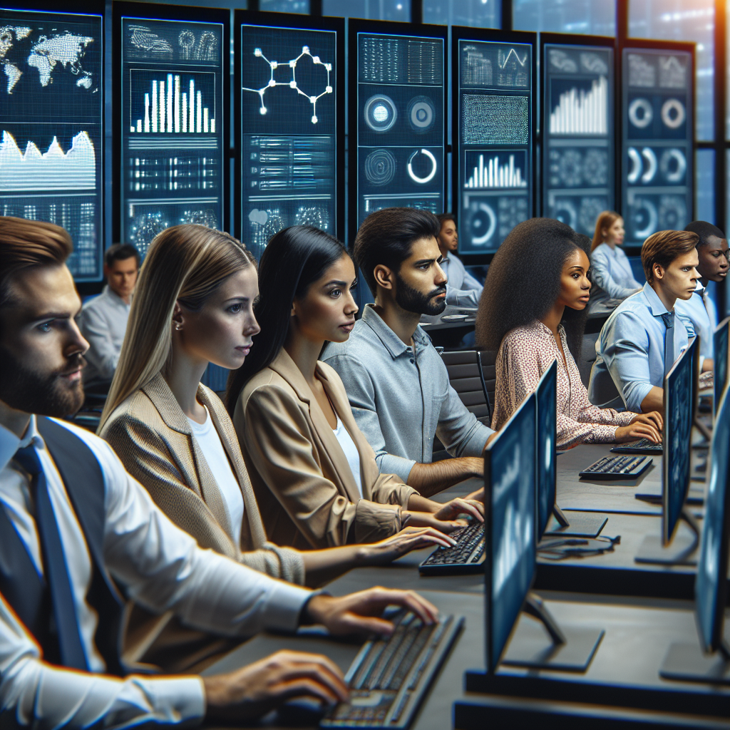 Generate an image of a group of specialized experts working on computers in a high-tech control center. The focus should be on their concentration and teamwork, with digital screens displaying sales metrics and projections, suggesting the enhancement of sales efficiency through outsourcing.