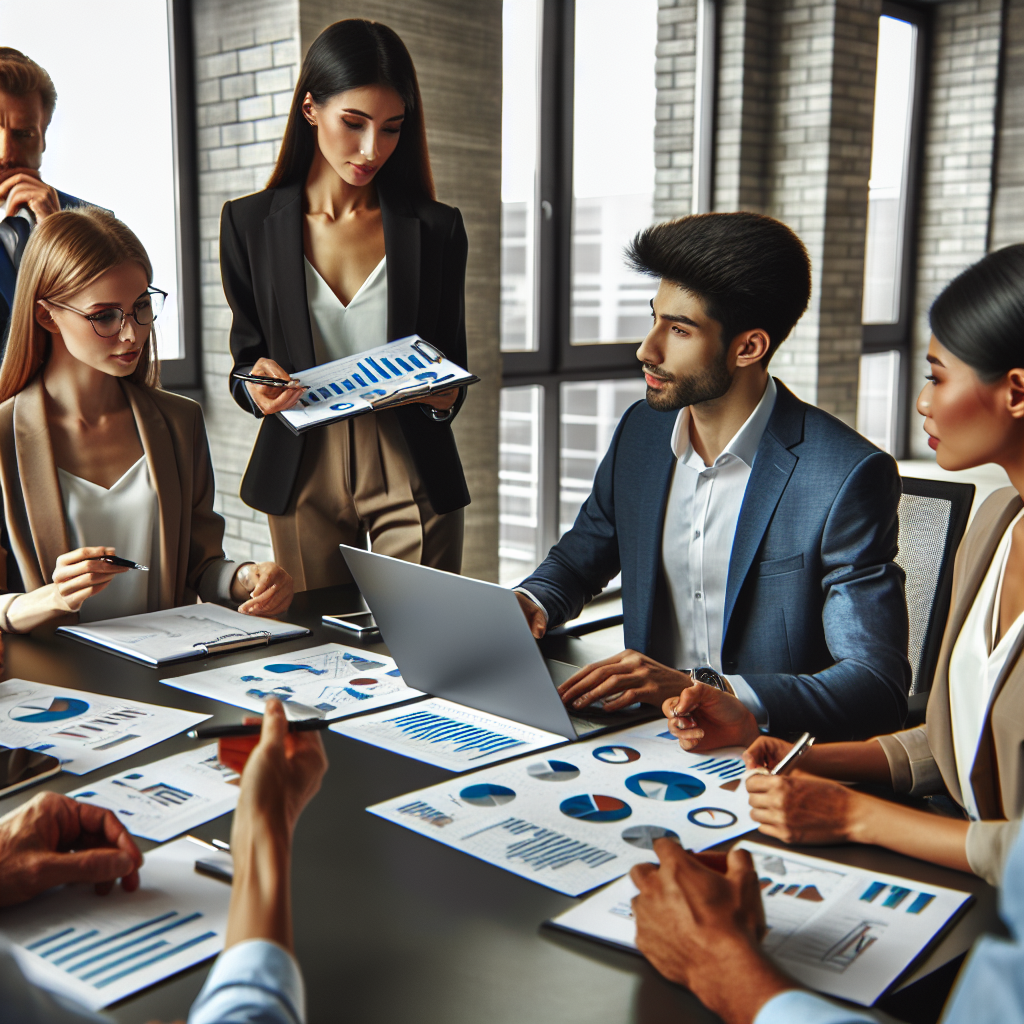Generate an image of a business meeting with diverse professionals gathered around a table with charts and graphs. Show a sense of collaboration and strategy, focusing on a central figure leading the discussion about outsourcing sales efforts.