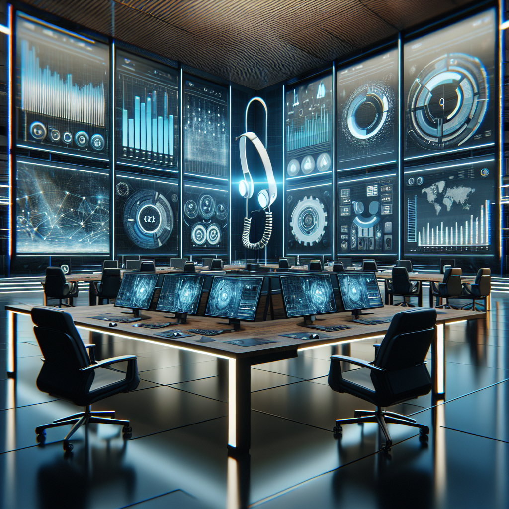 Generate an image of a futuristic office environment with digital screens displaying sales metrics and growth charts. The atmosphere should reflect innovation and cutting-edge technology, highlighting the benefits of outsourcing cold calling to boost sales.
