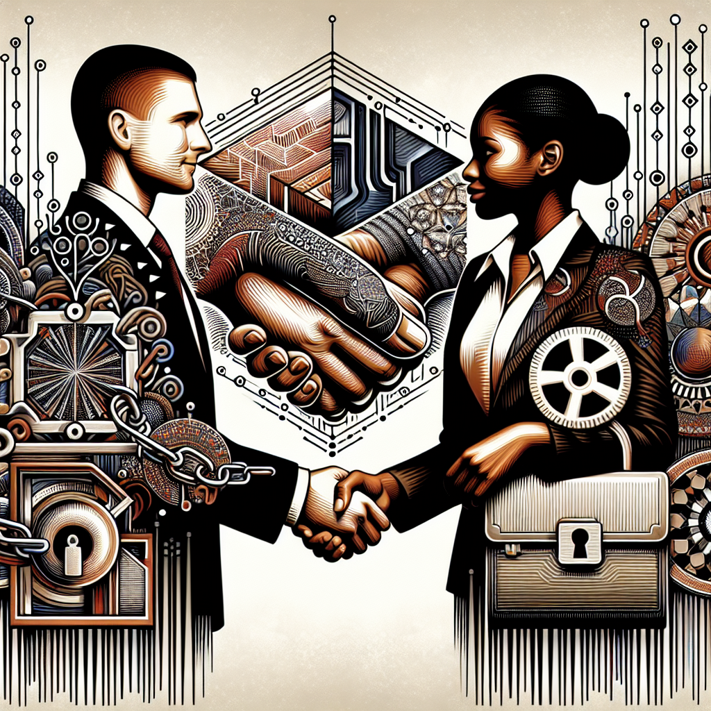 Generate an image of a handshake between two business partners, symbolizing trust and collaboration. The background should feature abstract elements representing secure payment structures and guarantees in outsourcing agreements.