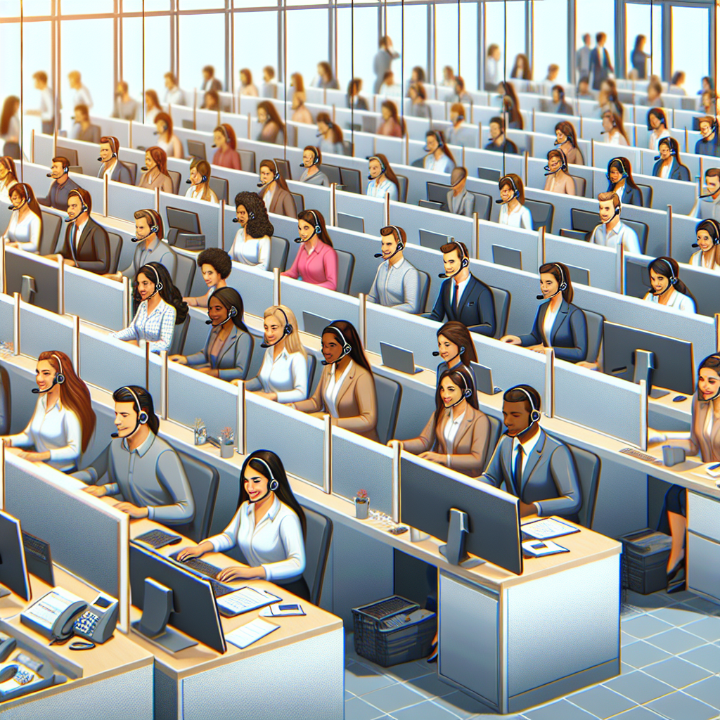 Generate an image of a busy call center with professionals energetically engaged in sales calls. Emphasize the organization and efficiency in the layout, capturing the essence of increasing sales potential through outsourced cold acquisition.