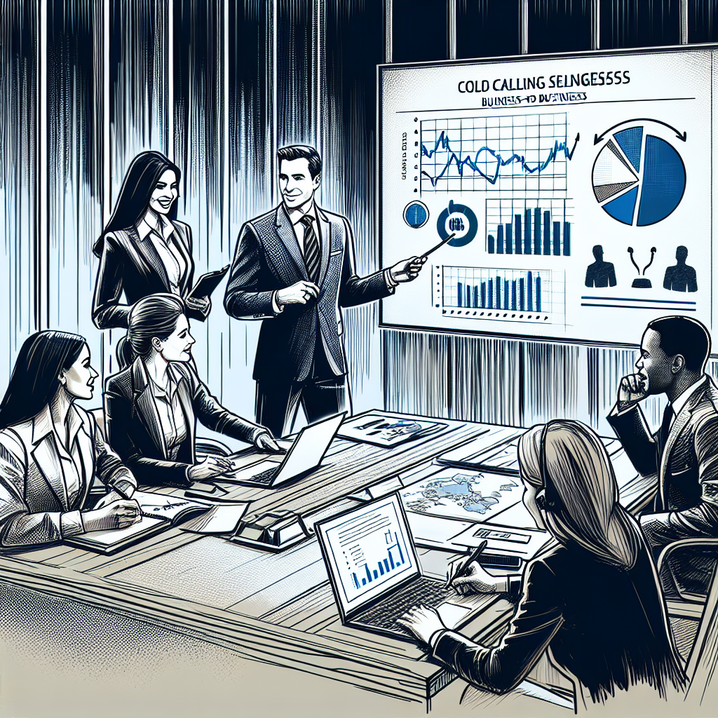 Generate an image of a business meeting room where a B2B selling strategy is being discussed. Participants are diverse professionals engaged in conversation, with charts and graphs illustrating cold calling statistics projected on a screen. The atmosphere is modern and collaborative, embodying strategic planning and decision-making.