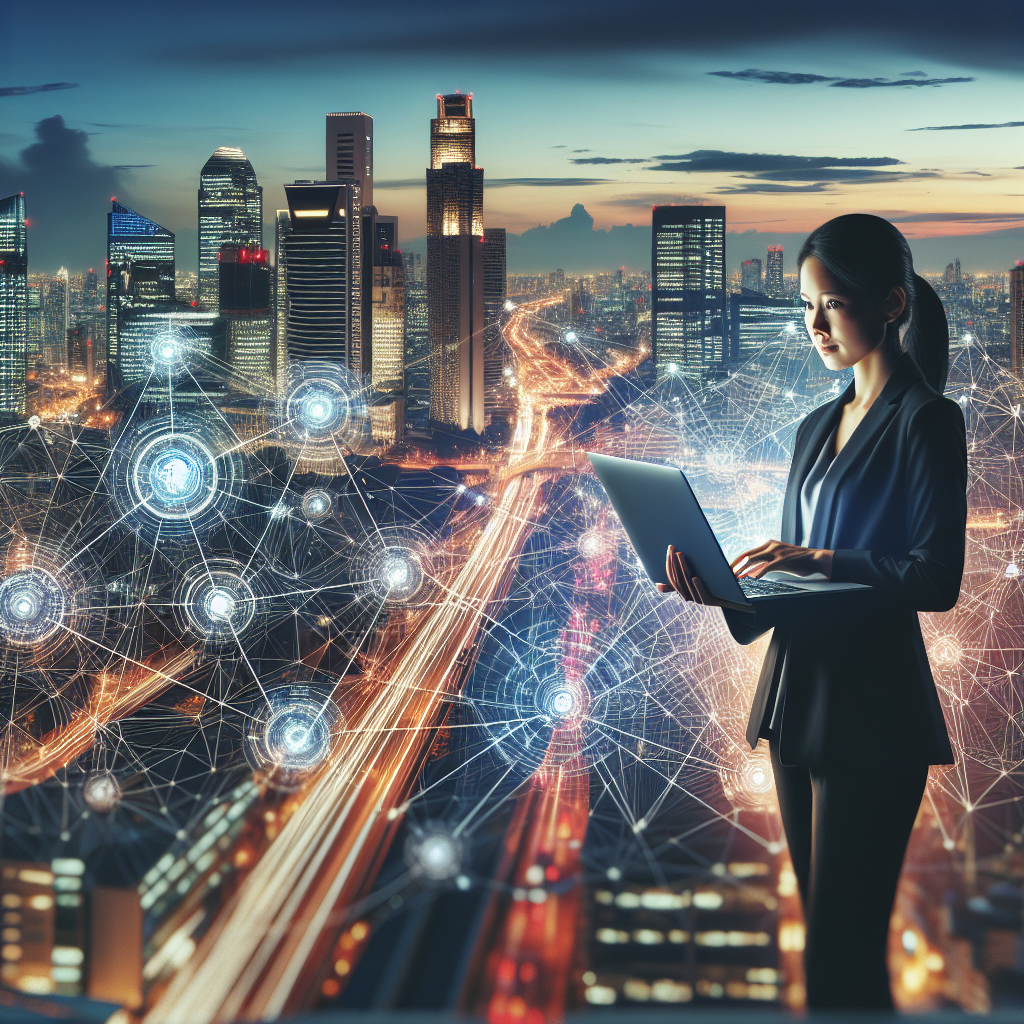 Generate an image of a vibrant cityscape with interconnected lines and nodes symbolizing business networks. Highlight a professional confidently working on a laptop from a rooftop, signifying the global reach and connectivity achieved through outsourcing cold acquisition processes.