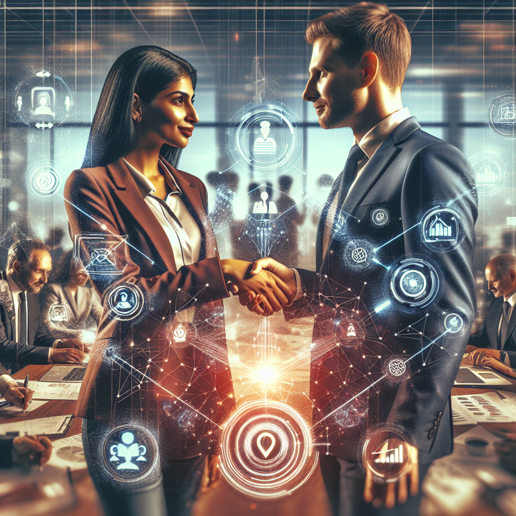 Generate an image of a busy office setting with a close-up of two professionals shaking hands, signifying partnership formation. Both are surrounded by floating holographic icons representing data analysis, campaign strategy, and sales growth, illustrating the collaborative nature of working with appointment schedulers.