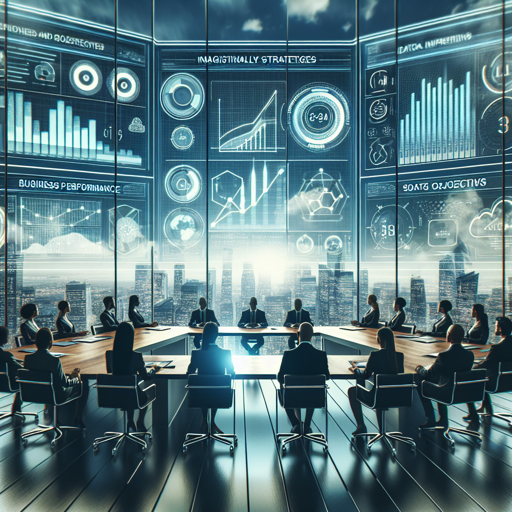 Generate an image of a futuristic conference room with a transparent digital interface displaying campaign reports and KPIs. The focus is on a team of experts—diverse in gender and ethnicity—analyzing data. The room features high-tech gadgets and a panoramic city view, emphasizing innovation and expert collaboration in B2B sales.