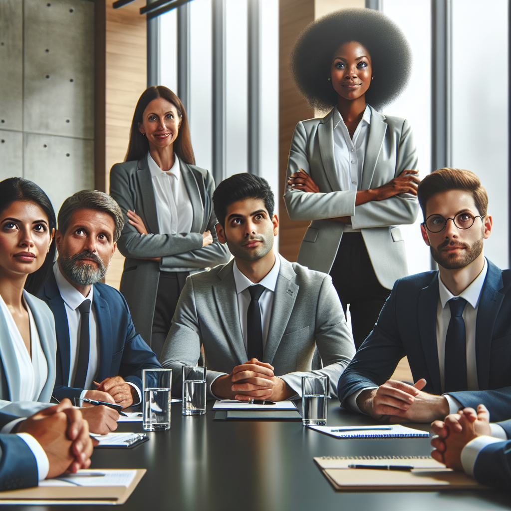 Generate an image of a business meeting where a group of company executives are relieved as they delegate acquisition tasks to external experts. The setting should be a modern conference room with the executives expressing trust and confidence, while the external team takes notes and asks questions.