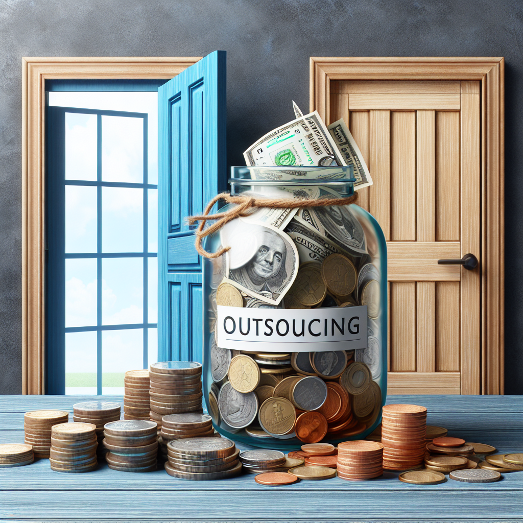 Generate an image showing a visual metaphor of a business saving costs by outsourcing acquisition. This should be depicted as a large jar full of coins and bills next to an open door labeled 'External Acquisition Experts', suggesting the financial benefits of outsourcing to De Afspraakplanners.