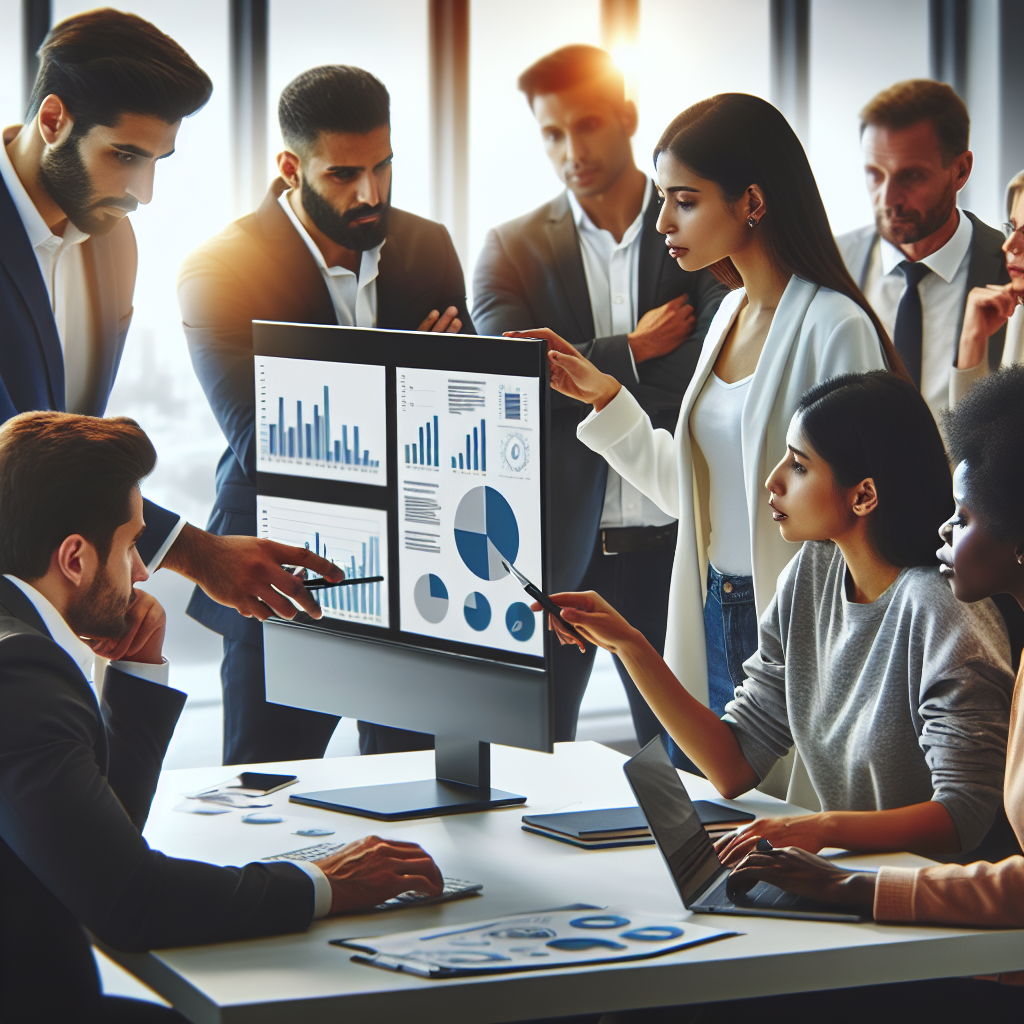 Generate an image of a modern office setting where a team of acquisition specialists collaborates over digital sales strategies, including diverse professionals analyzing charts and discussing, symbolizing collaboration and expertise.