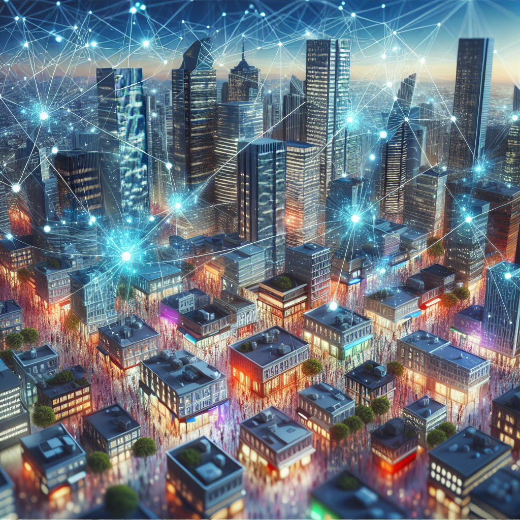 Generate an image of a bustling cityscape with various businesses connecting through dynamic digital networks, visualizing how strategic lead generation tools enhance connectivity and sales growth.