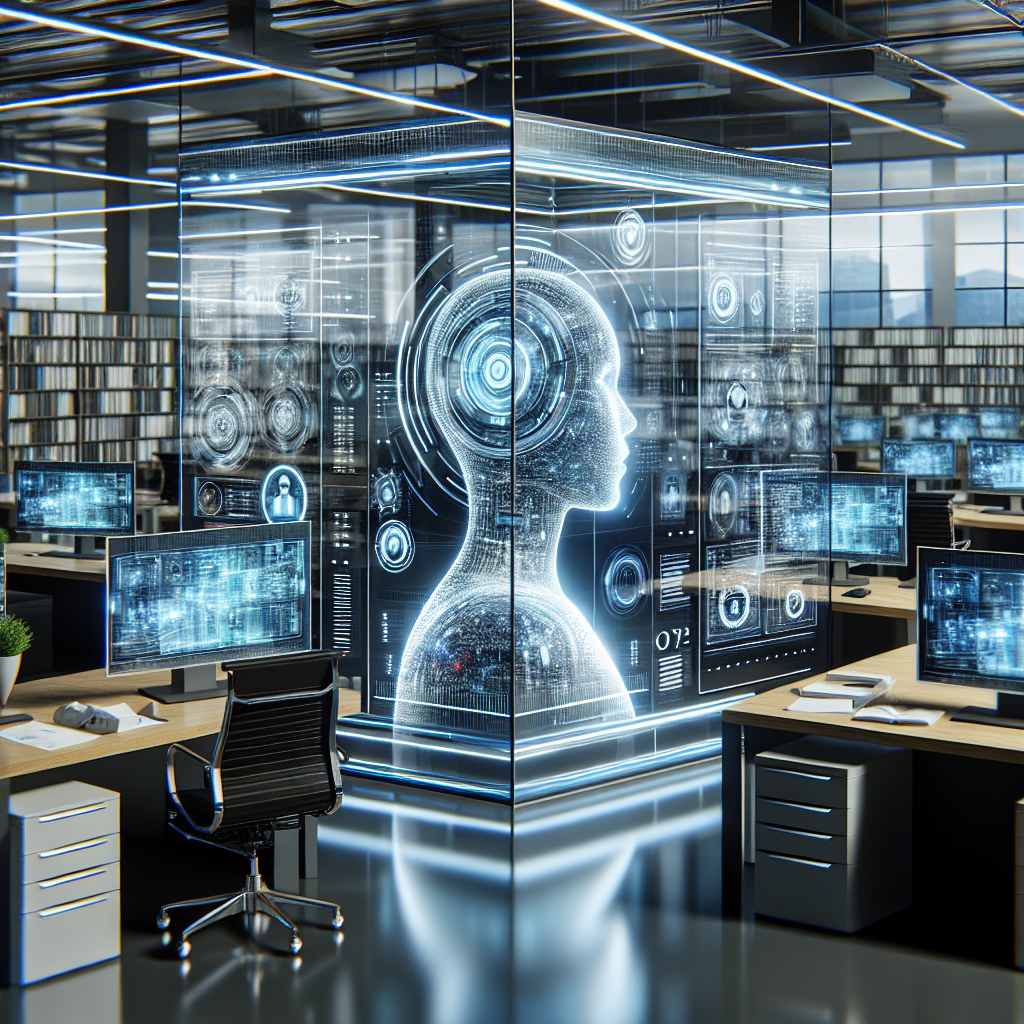 Generate an image of a technologically advanced workspace with futuristic elements, where a sophisticated AI system assists in sorting leads on transparent digital screens, exemplifying efficiency and innovation.