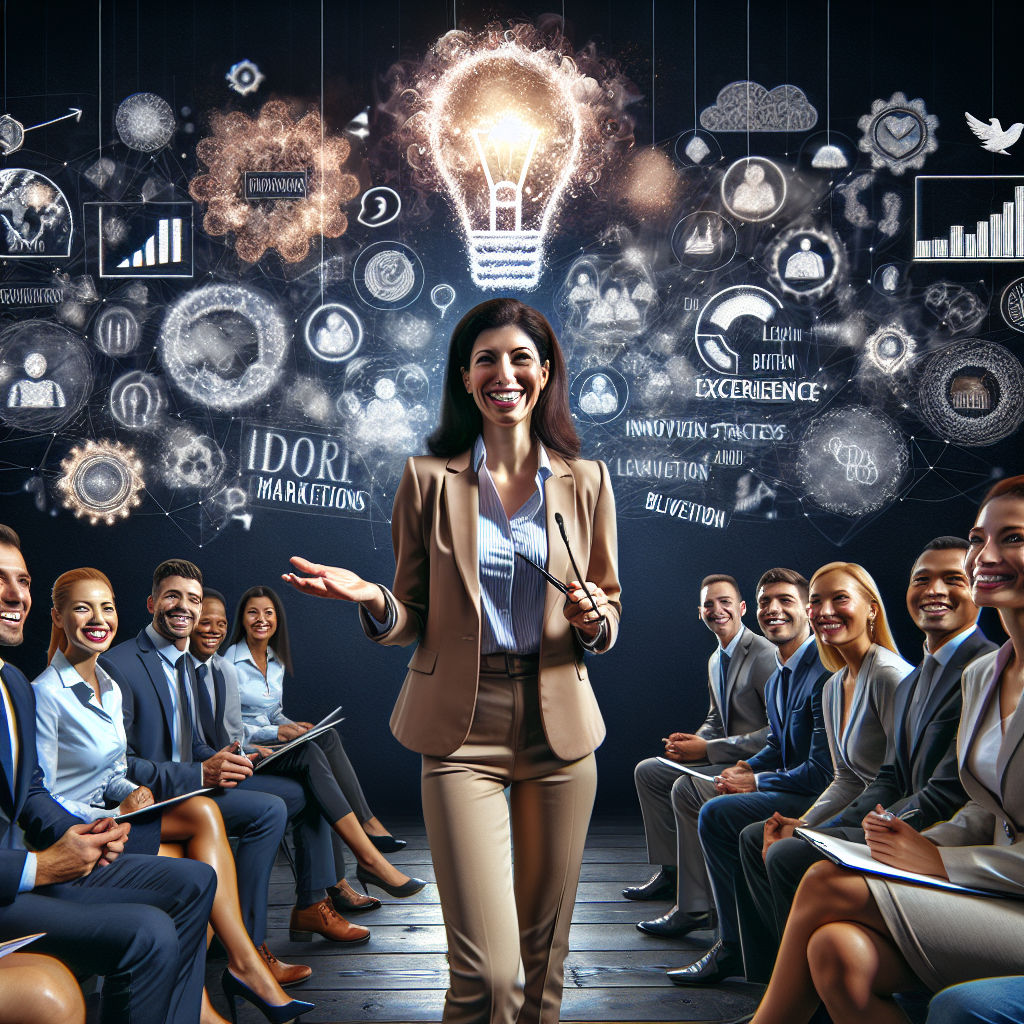 Generate an image of a professional communication scenario with a charismatic expert presenting strategies to an enthusiastic audience, illustrating how expertise and persuasion attract new customers.