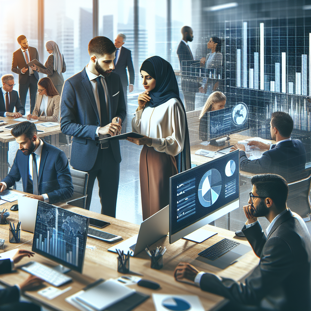 Generate an image illustrating a bustling office environment with professionals engaging in productive business discussions. Include elements that symbolize internal capacities and resource management, such as charts, graphs, and a calendar showing efficient time management. The style should be modern and professional, depicting a clean and organized workspace.