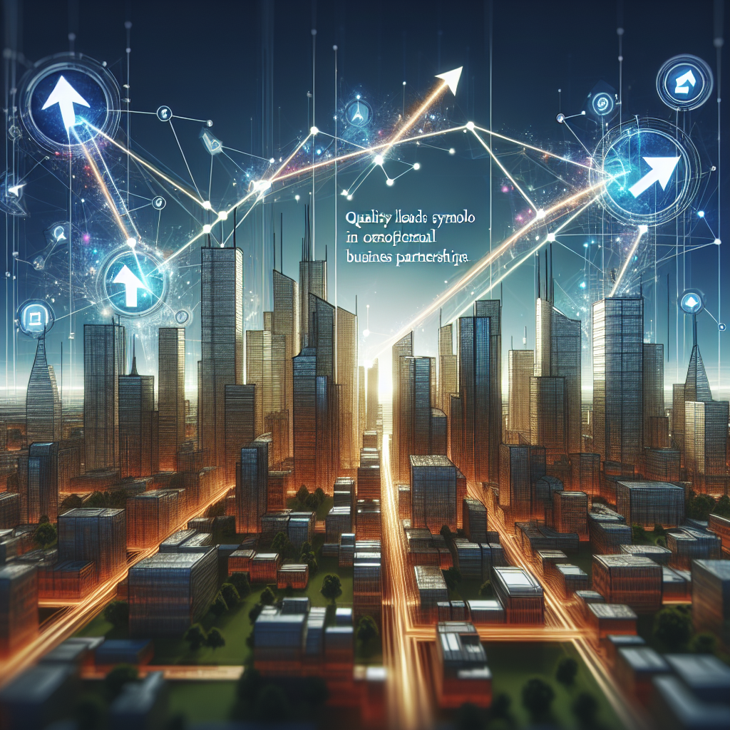 Generate an image of a futuristic cityscape representing optimal B2B strategy execution. Incorporate elements like digital networks, interconnected buildings, and symbols of lead quality such as arrows pointing to various opportunities. Use a vibrant and dynamic color palette to signify innovation and efficiency in business.